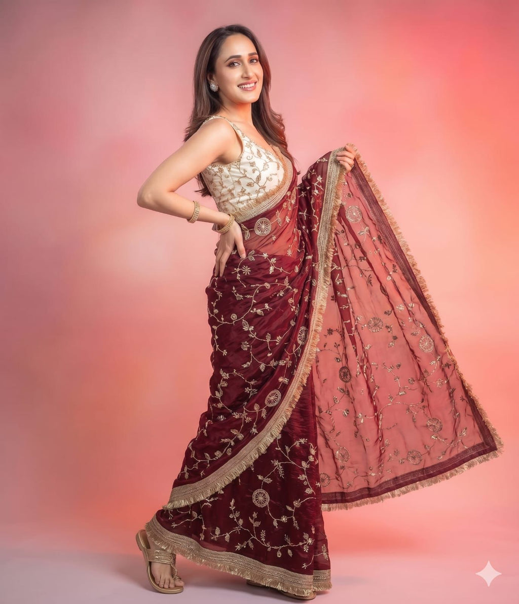 Maroon Space Silk Saree with Bits Sequence Work & Contrast Blouse