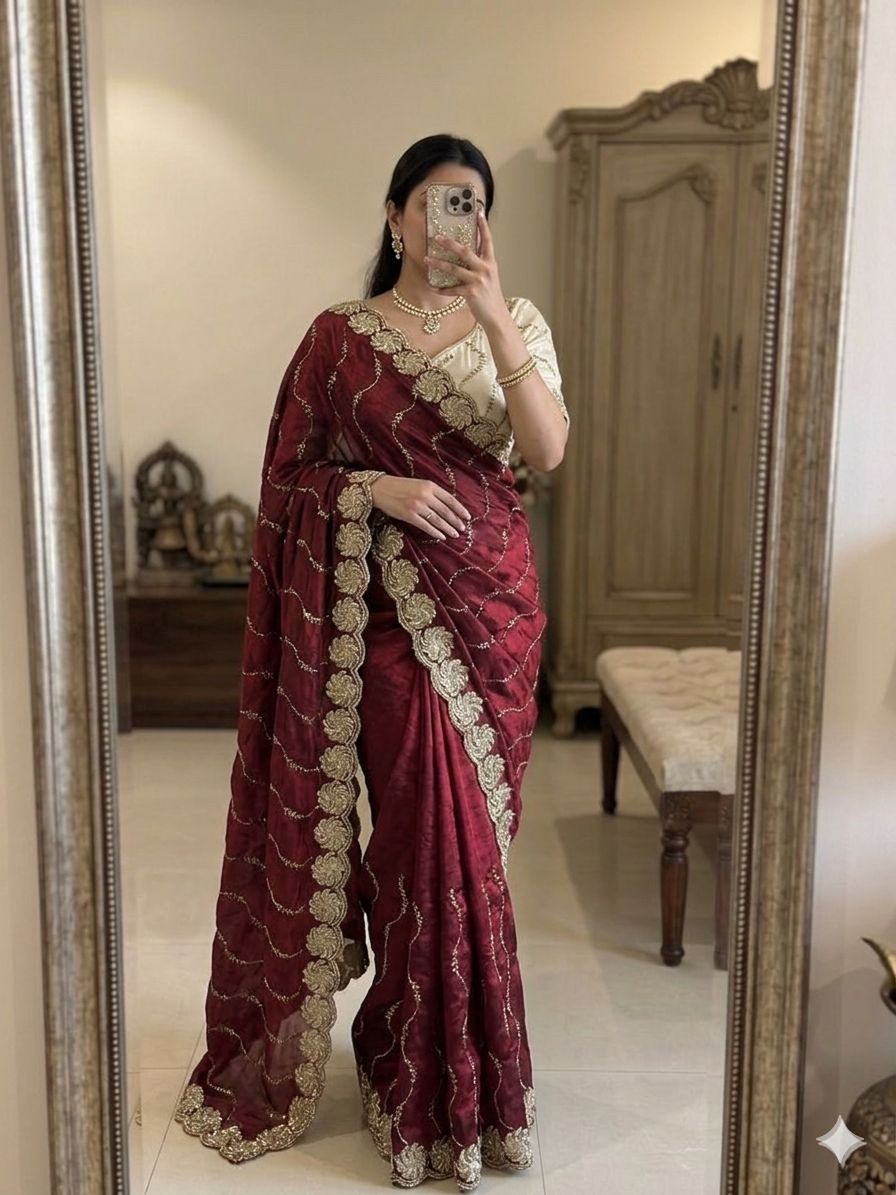 Maroon Space Silk Bits Sequence Work Saree