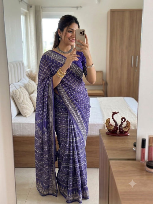 Navy Blue Soft Fox georgette with real mirror and hand work