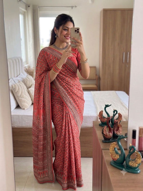 Pink Soft Fox georgette with real mirror and hand work