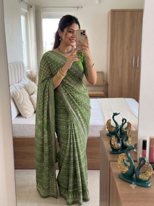 Light Green Soft Fox georgette with real mirror and hand work