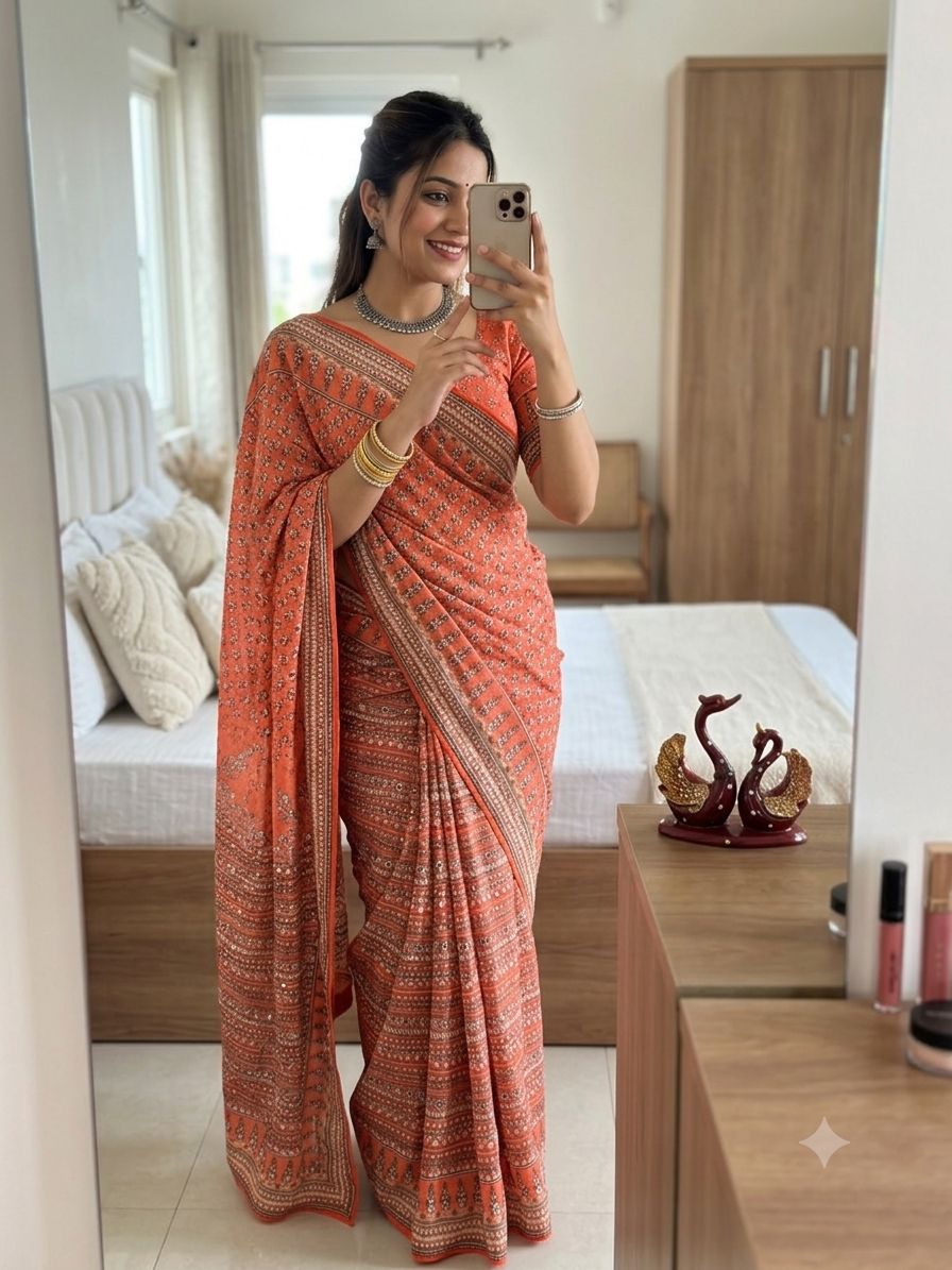 Orange Soft Fox georgette with real mirror and hand work