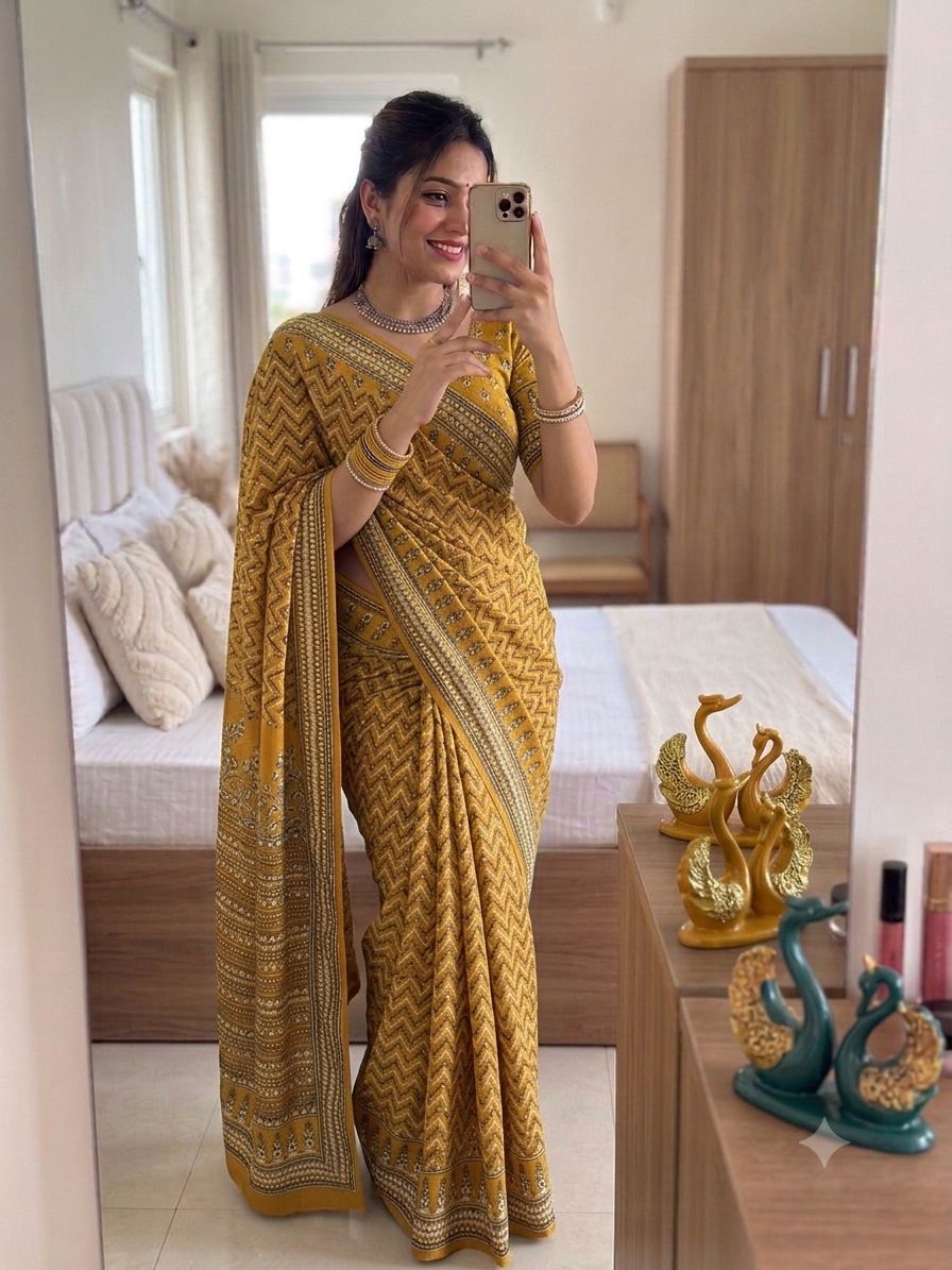 Yellow Soft Fox georgette with real mirror and hand work