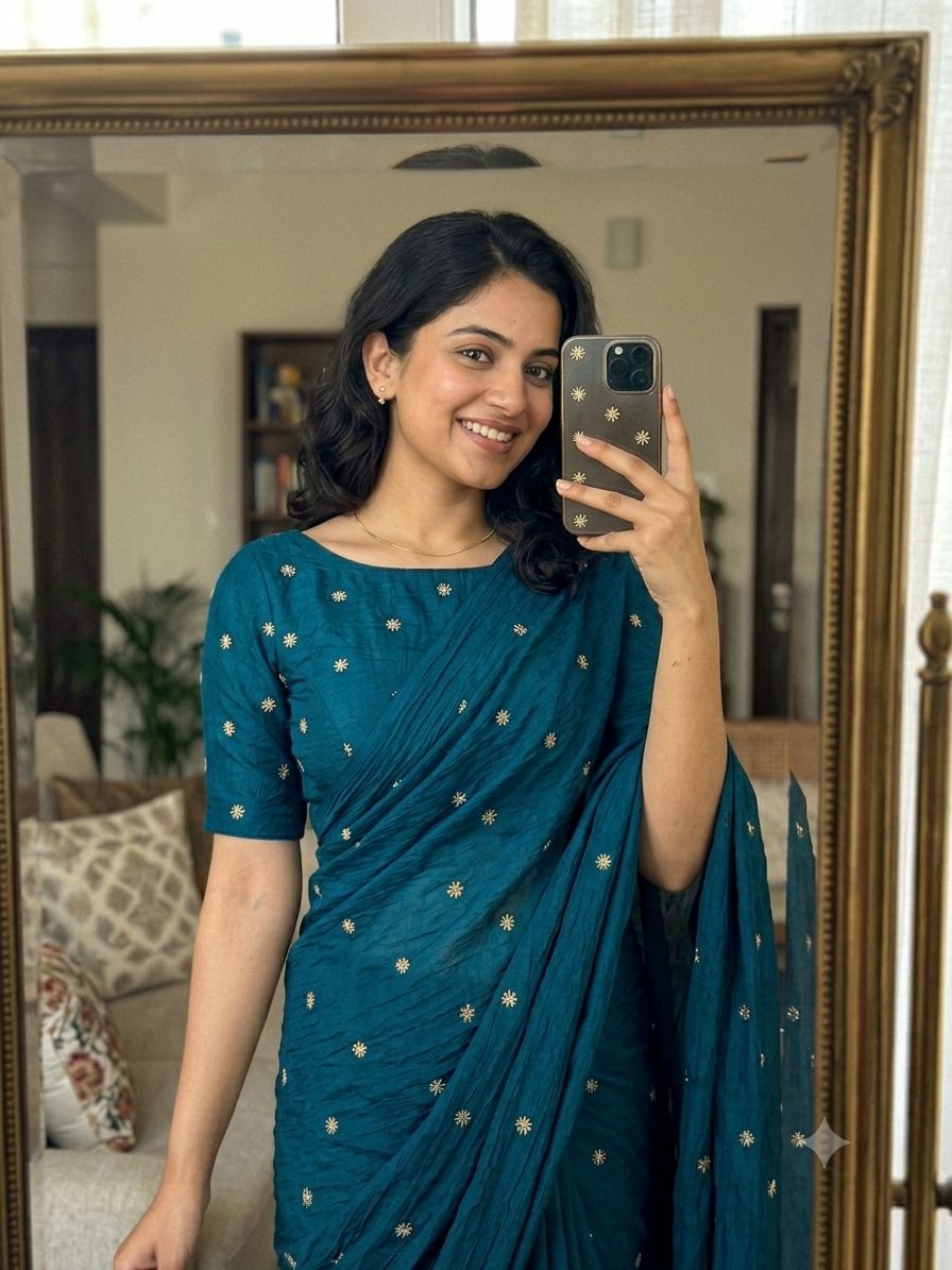 Petrol Blue Rangoli Crush Sequence Bits Saree