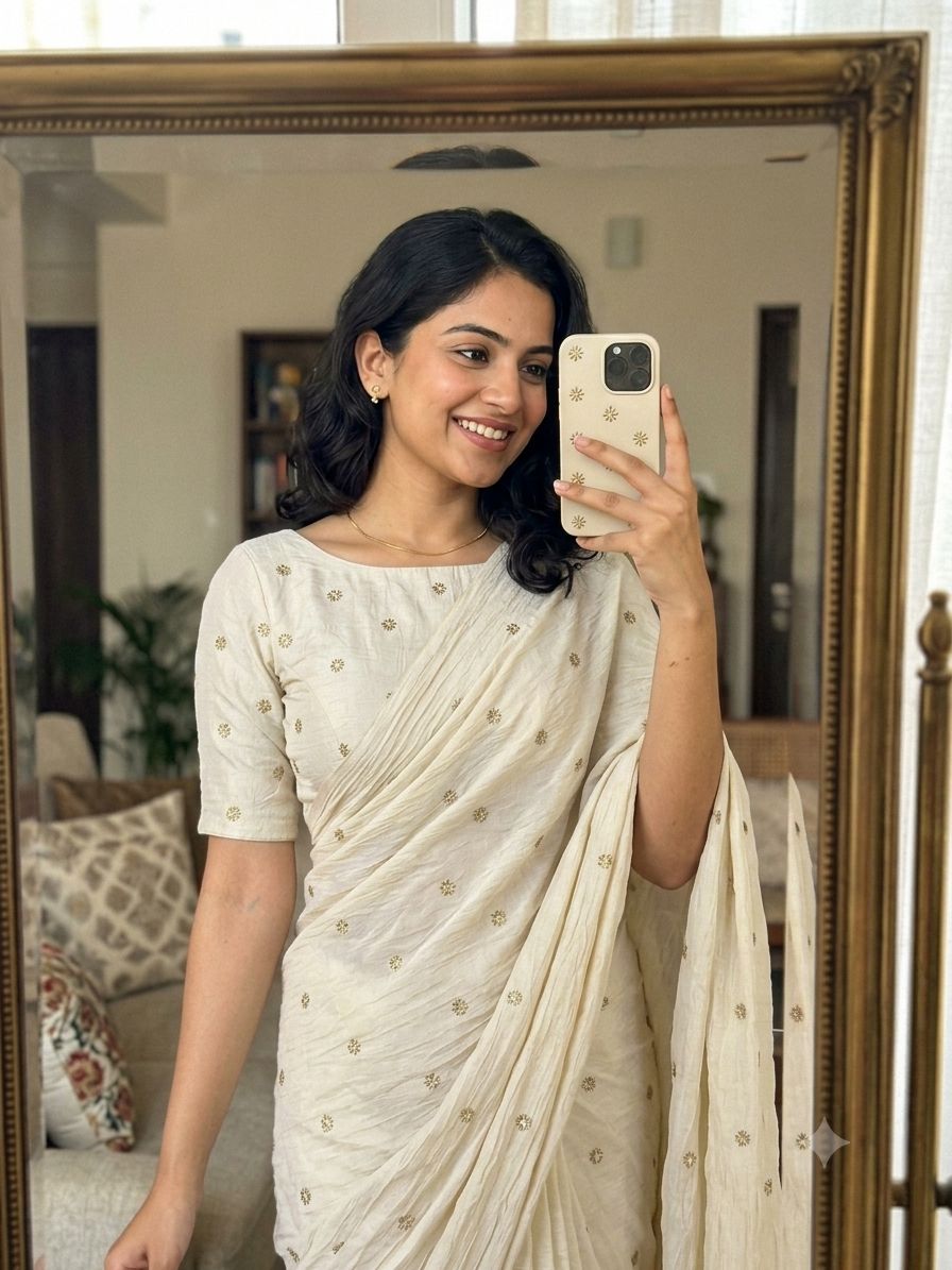 Off - White Rangoli Crush Sequence Bits Saree