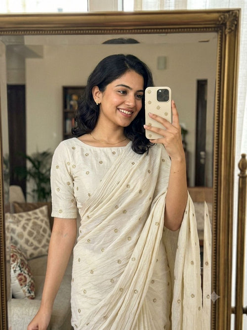 Off - White Rangoli Crush Sequence Bits Saree