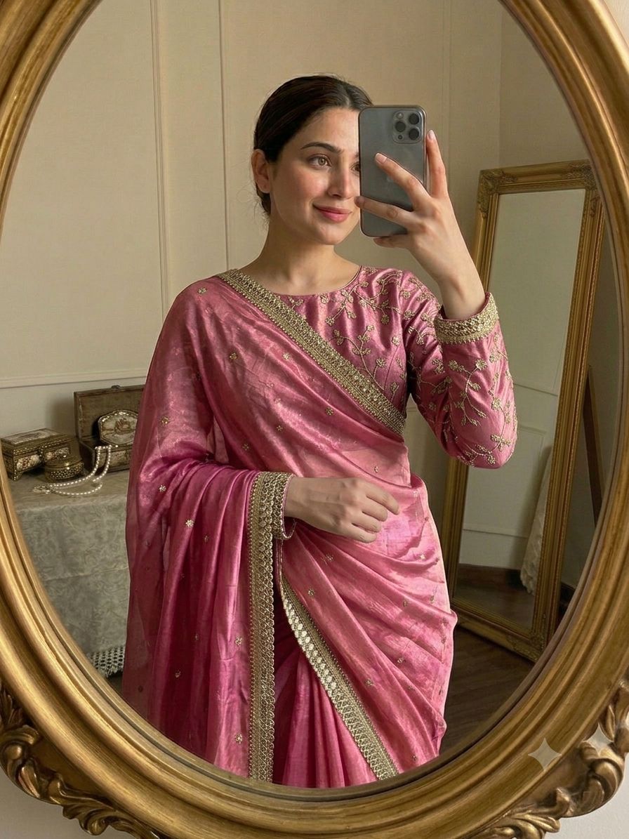 Pink Space Silk Multi Sequence Full Worked Saree