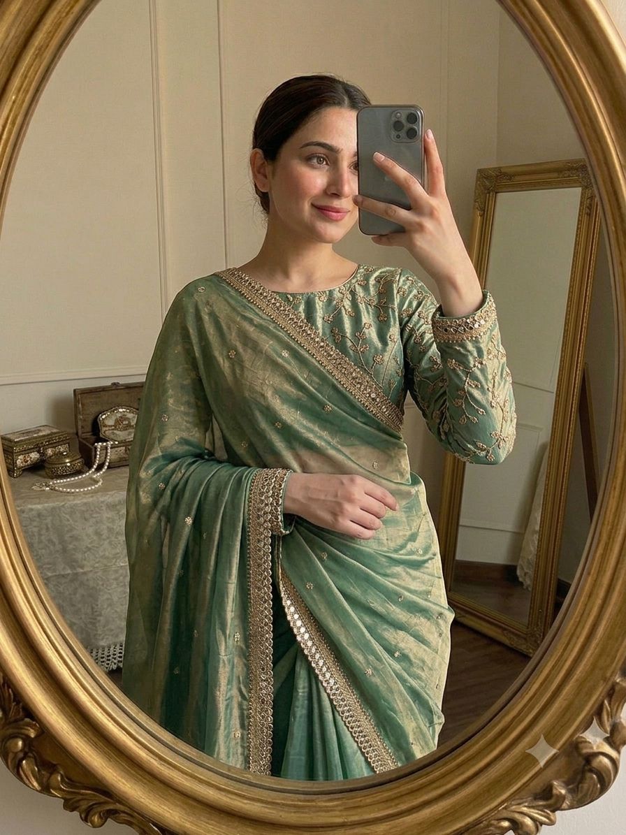 Sea Green Space Silk Multi Sequence Full Worked Saree