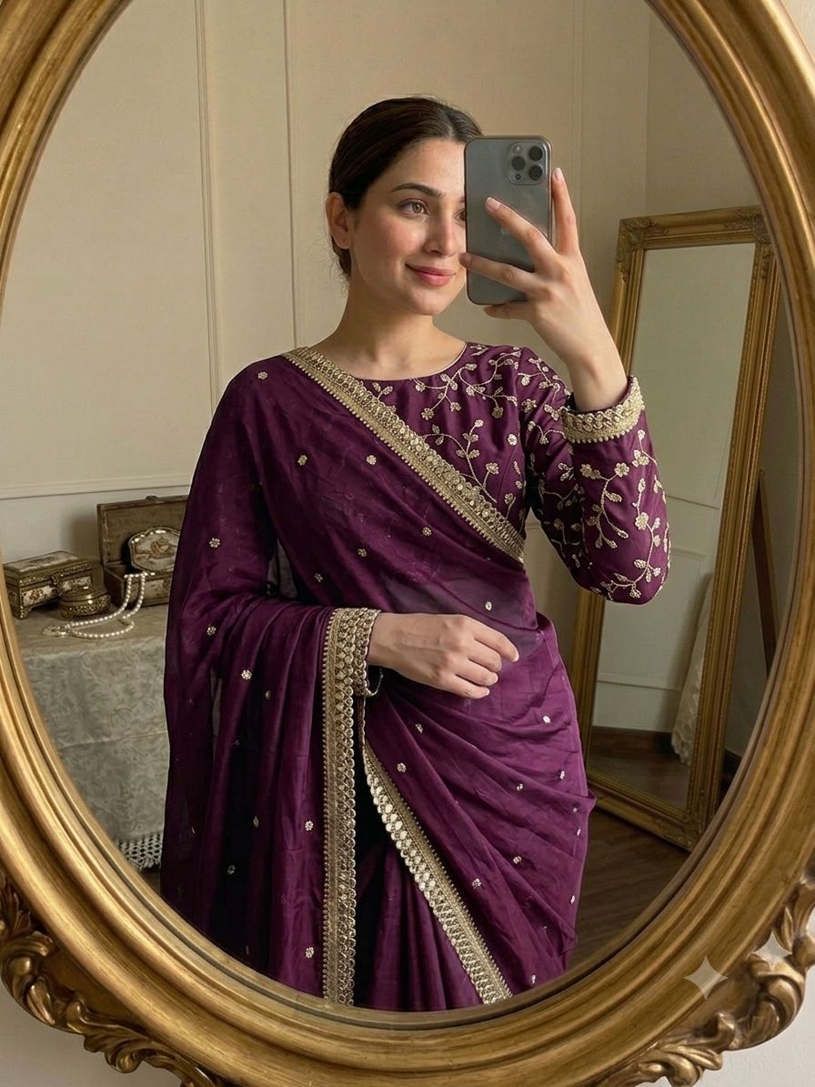 Purple Space Silk Multi Sequence Full Worked Saree