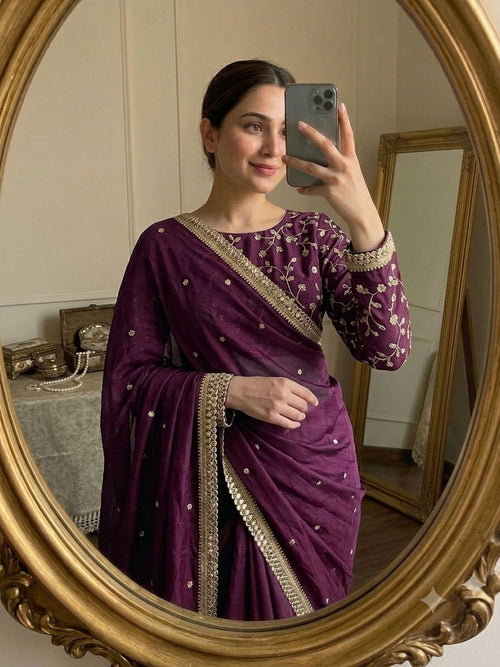 Purple Space Silk Multi Sequence Full Worked Saree