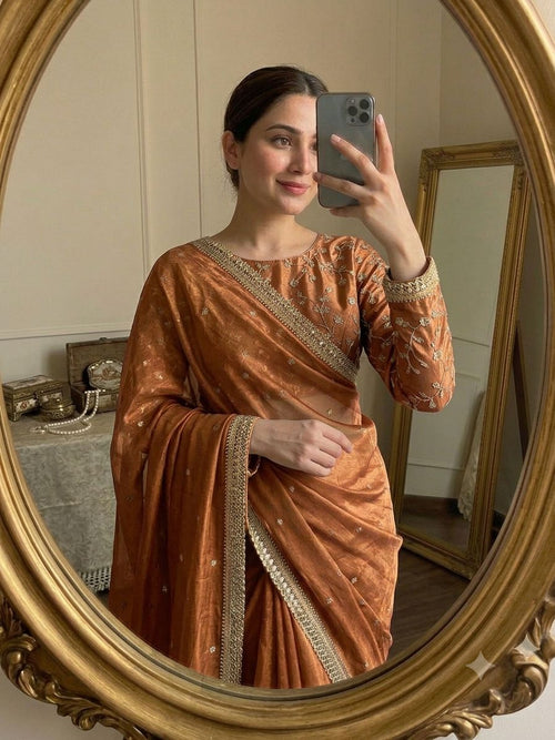 Ginger Orange Space Silk Multi Sequence Full Worked Saree