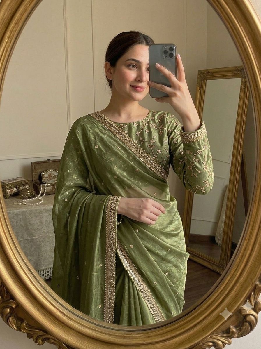 Mehendi Green Space Silk Multi Sequence Full Worked Saree