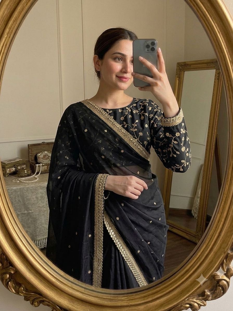 Black Space Silk Multi Sequence Full Worked Saree
