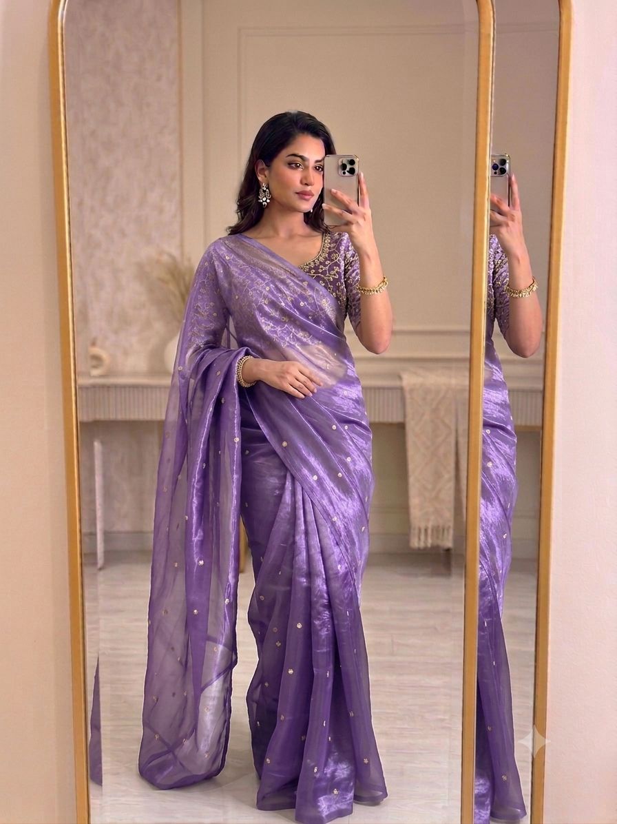 Lilac Space Silk Sequence Worked Saree