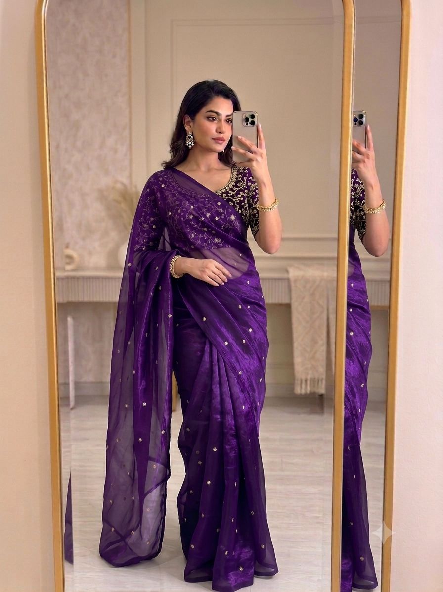 Purple Blue Space Silk Sequence Worked Saree