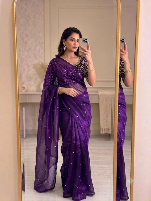 Purple Blue Space Silk Sequence Worked Saree