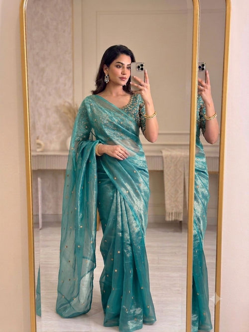 Sea Blue Space Silk Sequence Worked Saree