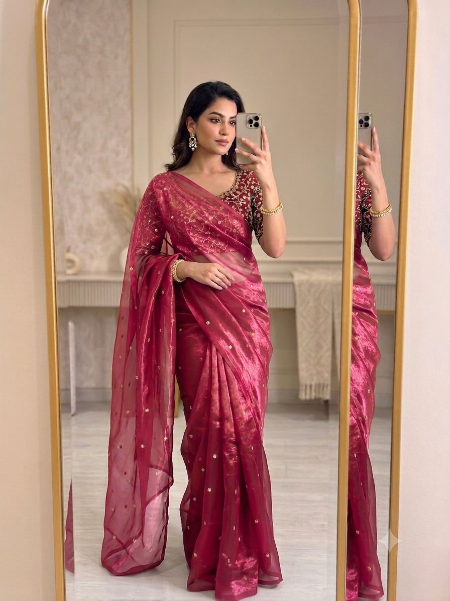 Pink Space Silk Sequence Worked Saree