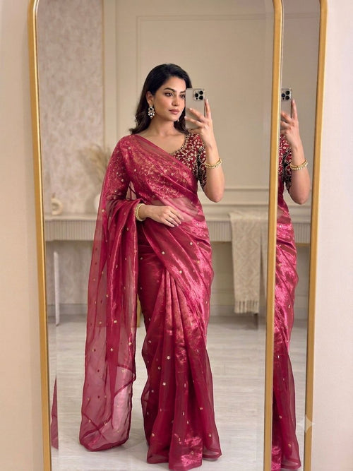 Pink Space Silk Sequence Worked Saree