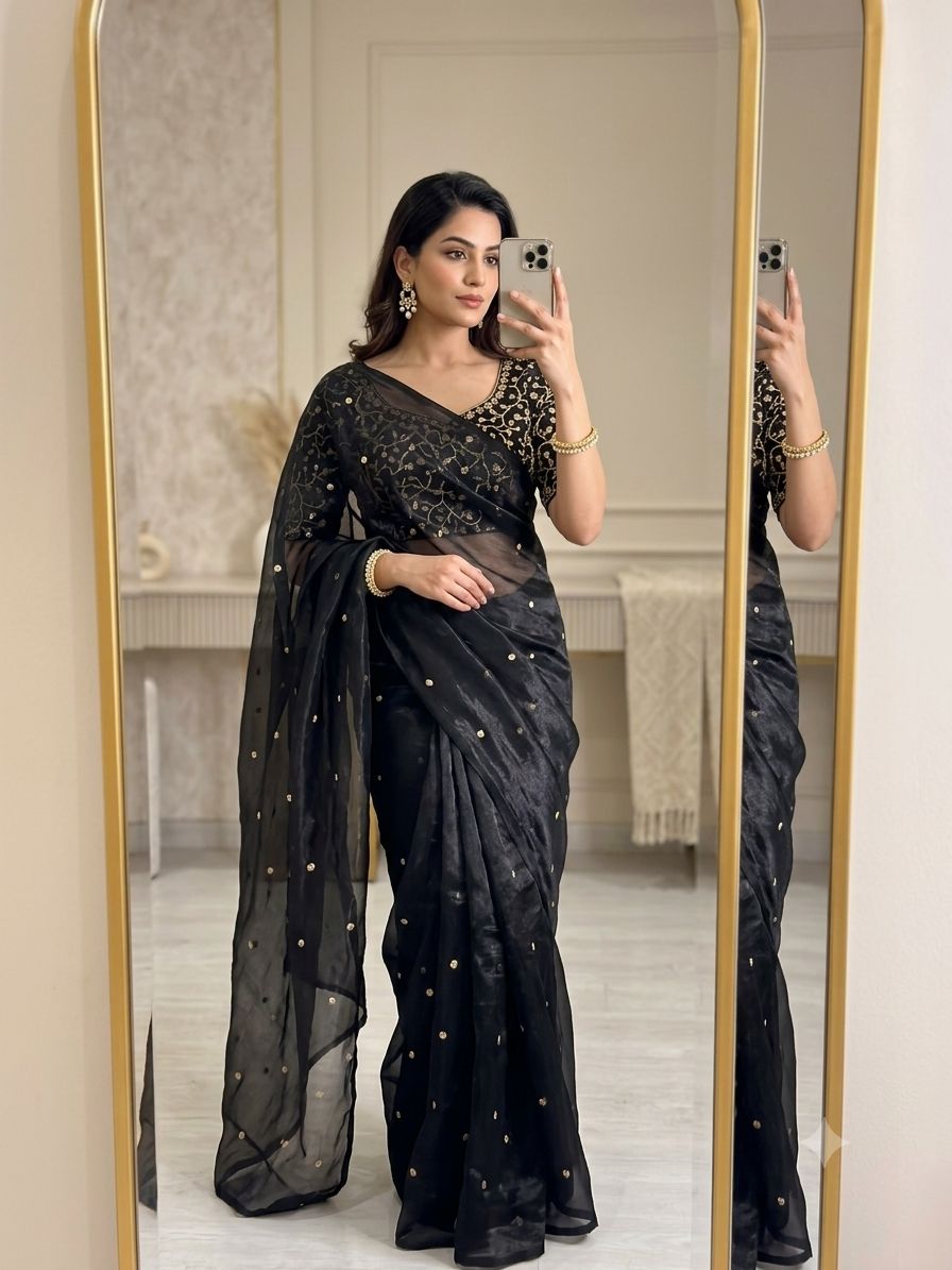 Black Space Silk Sequence Worked Saree
