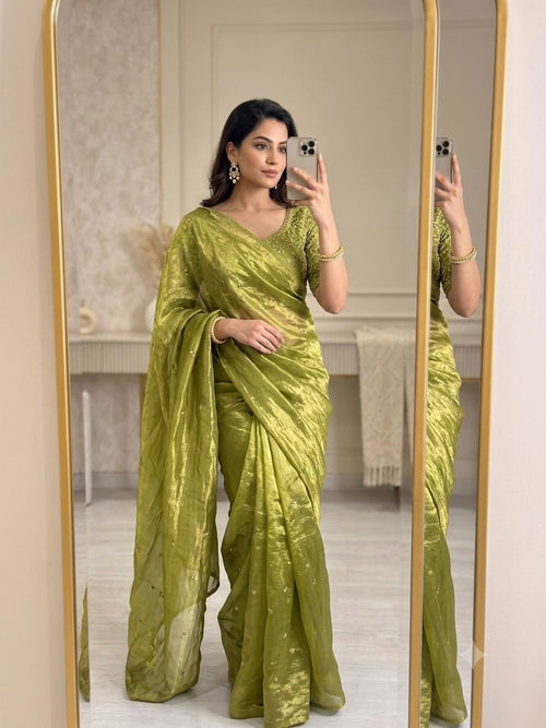 Lime Green Space Silk Sequence Worked Saree