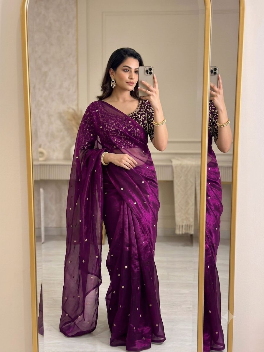 Wine Space Silk Sequence Worked Saree