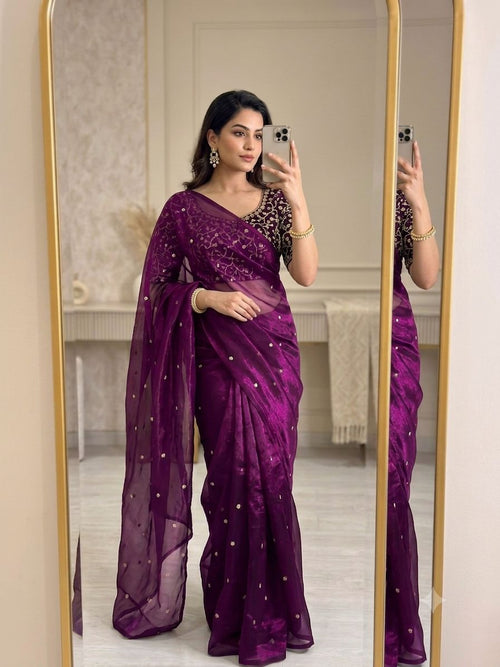 Wine Space Silk Sequence Worked Saree