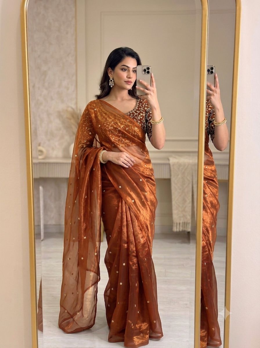 Orange Space Silk Sequence Worked Saree