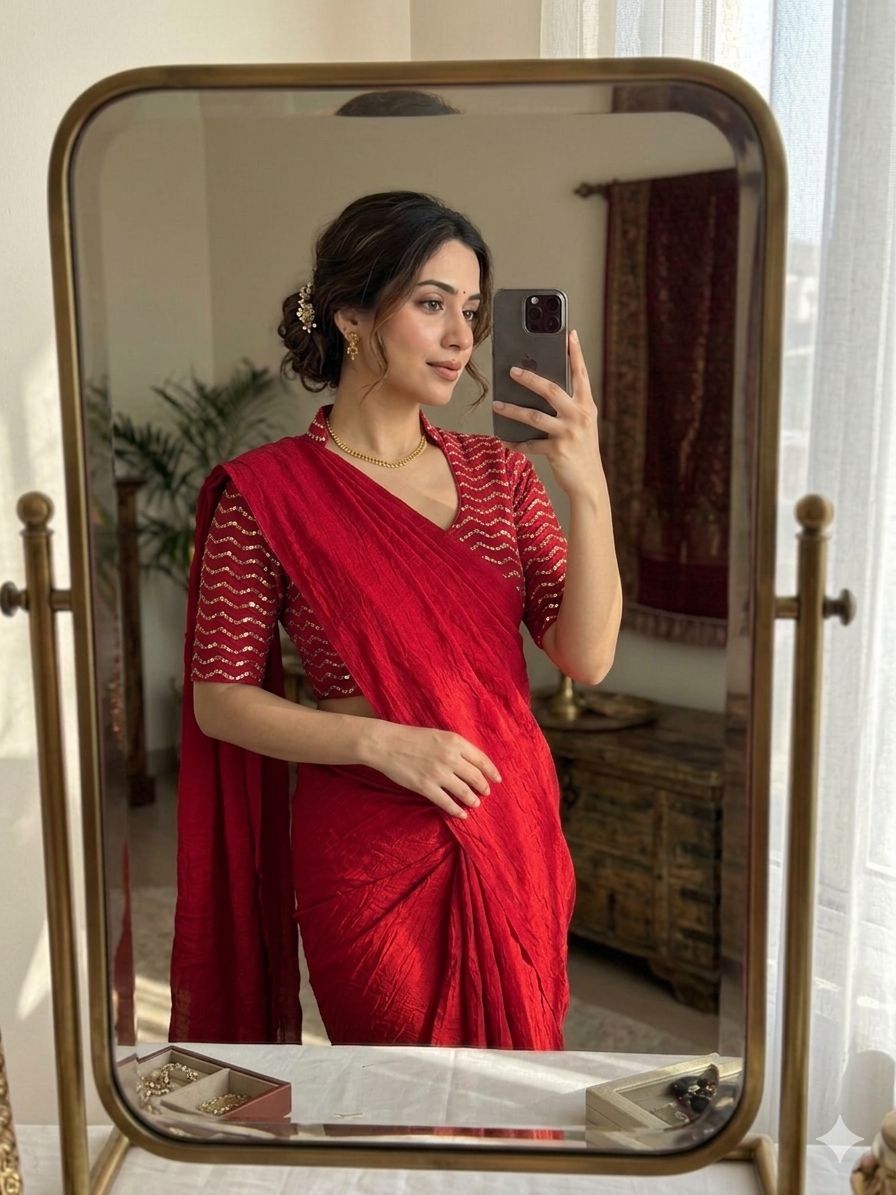 Red Rangoli Crush Saree With Sequence Bits Blouse