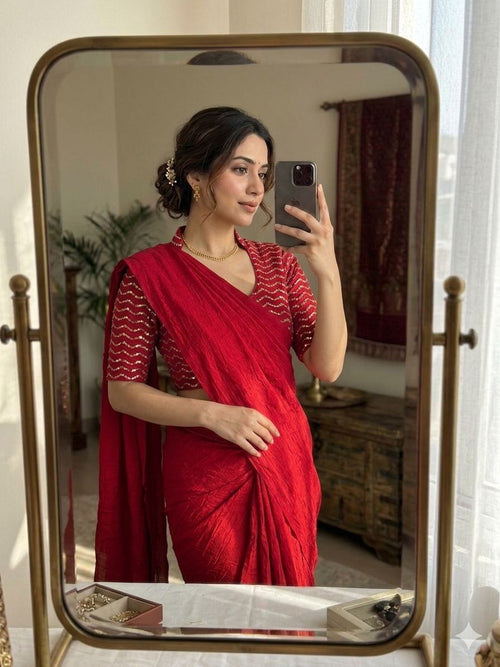 Red Rangoli Crush Saree With Sequence Bits Blouse
