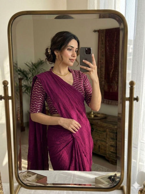 Deep Pink Rangoli Crush Saree With Sequence Bits Blouse