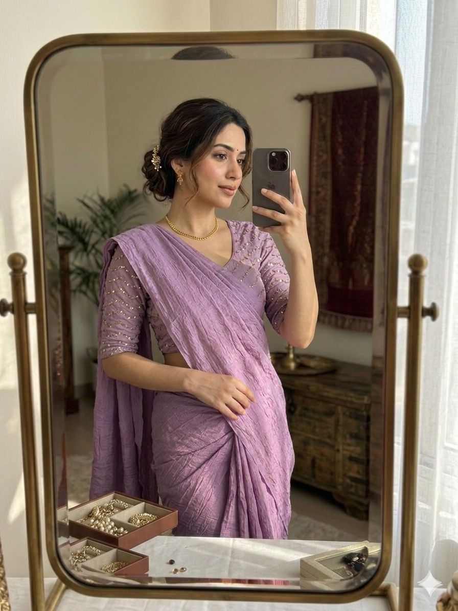 Dusty Pink Rangoli Crush Saree With Sequence Bits Blouse