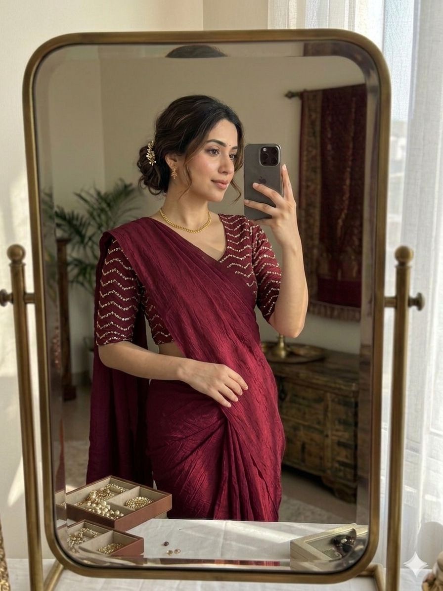 Maroon Rangoli Crush Saree With Sequence Bits Blouse