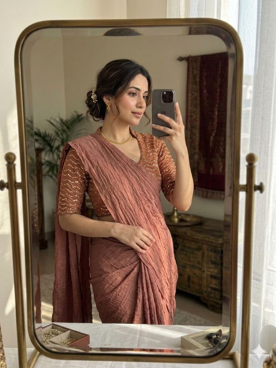 Moch Brown Rangoli Crush Saree With Sequence Bits Blouse