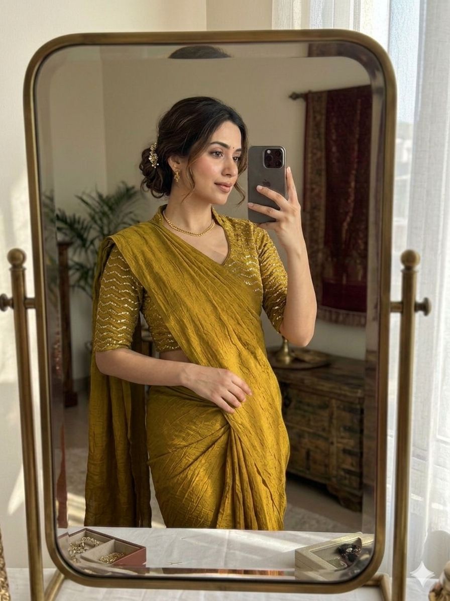 Lime Yellow Rangoli Crush Saree With Sequence Bits Blouse