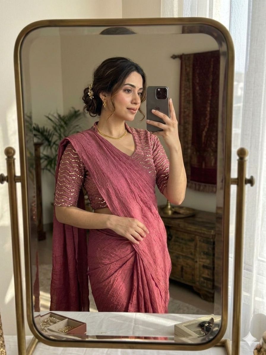 Pink Rangoli Crush Saree With Sequence Bits Blouse