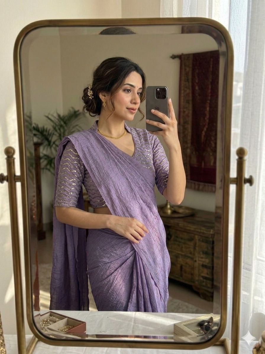 Lavander Rangoli Crush Saree With Sequence Bits Blouse