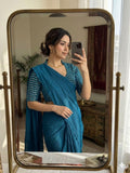 Petrol Blue Rangoli Crush Saree With Sequence Bits Blouse