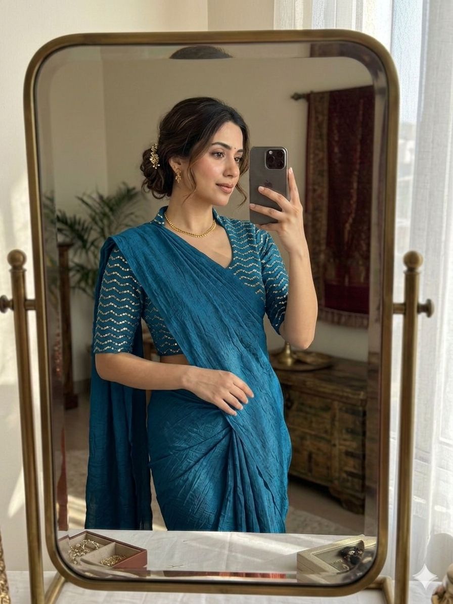 Petrol Blue Rangoli Crush Saree With Sequence Bits Blouse