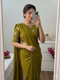 Lime Yellow Rangoli Crush Saree With Bits Sequence Work Blouse