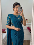Petrol Blue Rangoli Crush Saree With Bits Sequence Work Blouse