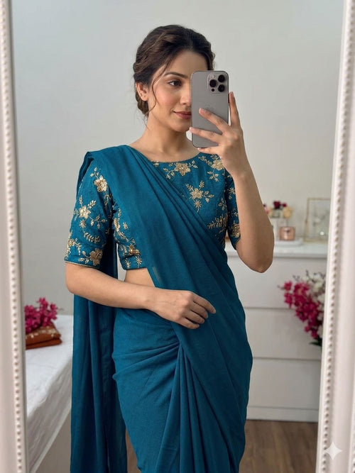 Petrol Blue Rangoli Crush Saree With Bits Sequence Work Blouse