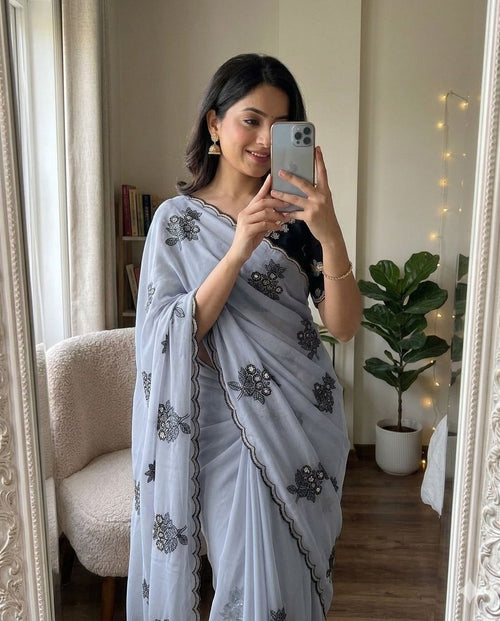 Light Grey Rangoli silk saree with embroidery work