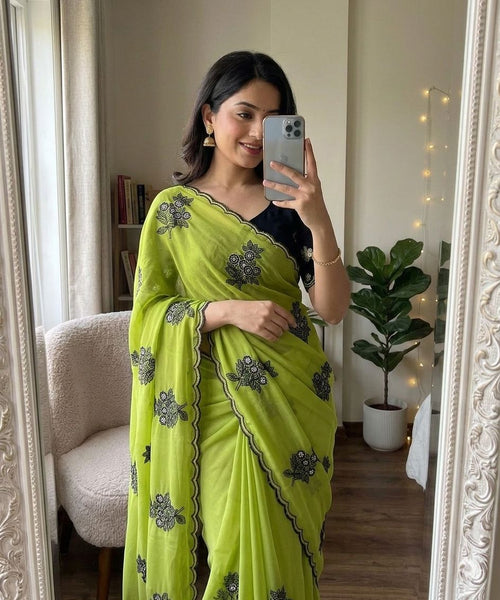 Lime Green Rangoli silk saree with embroidery work