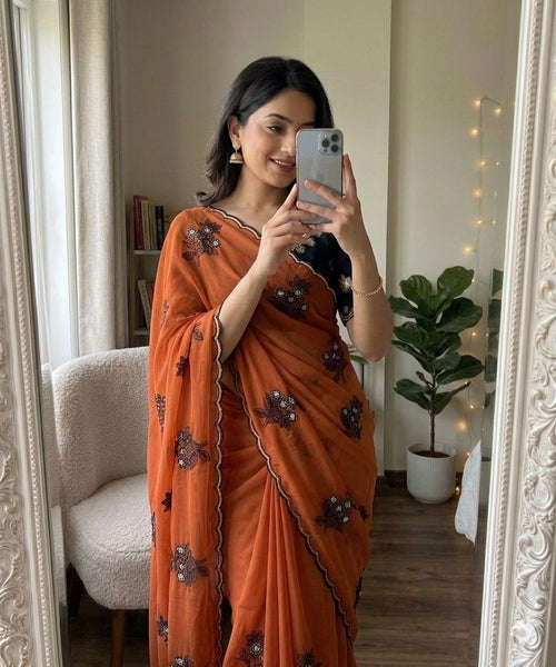 Burnt Orange Rangoli silk saree with embroidery work