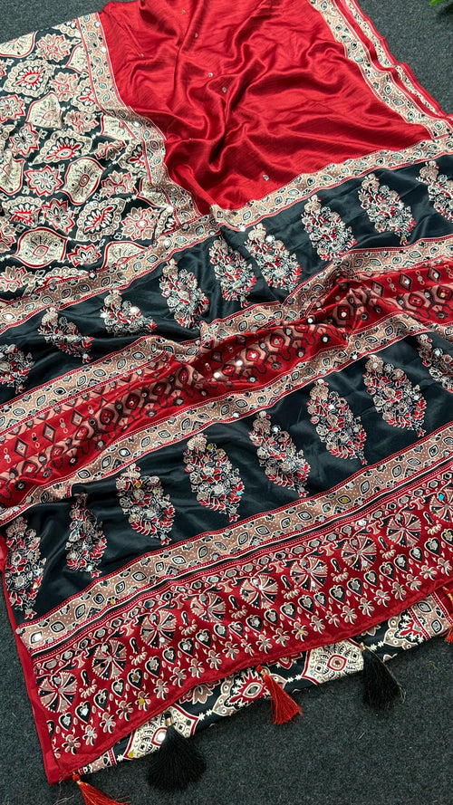 Red Heavy Gajji Moss Satin Saree all over Ajrakh