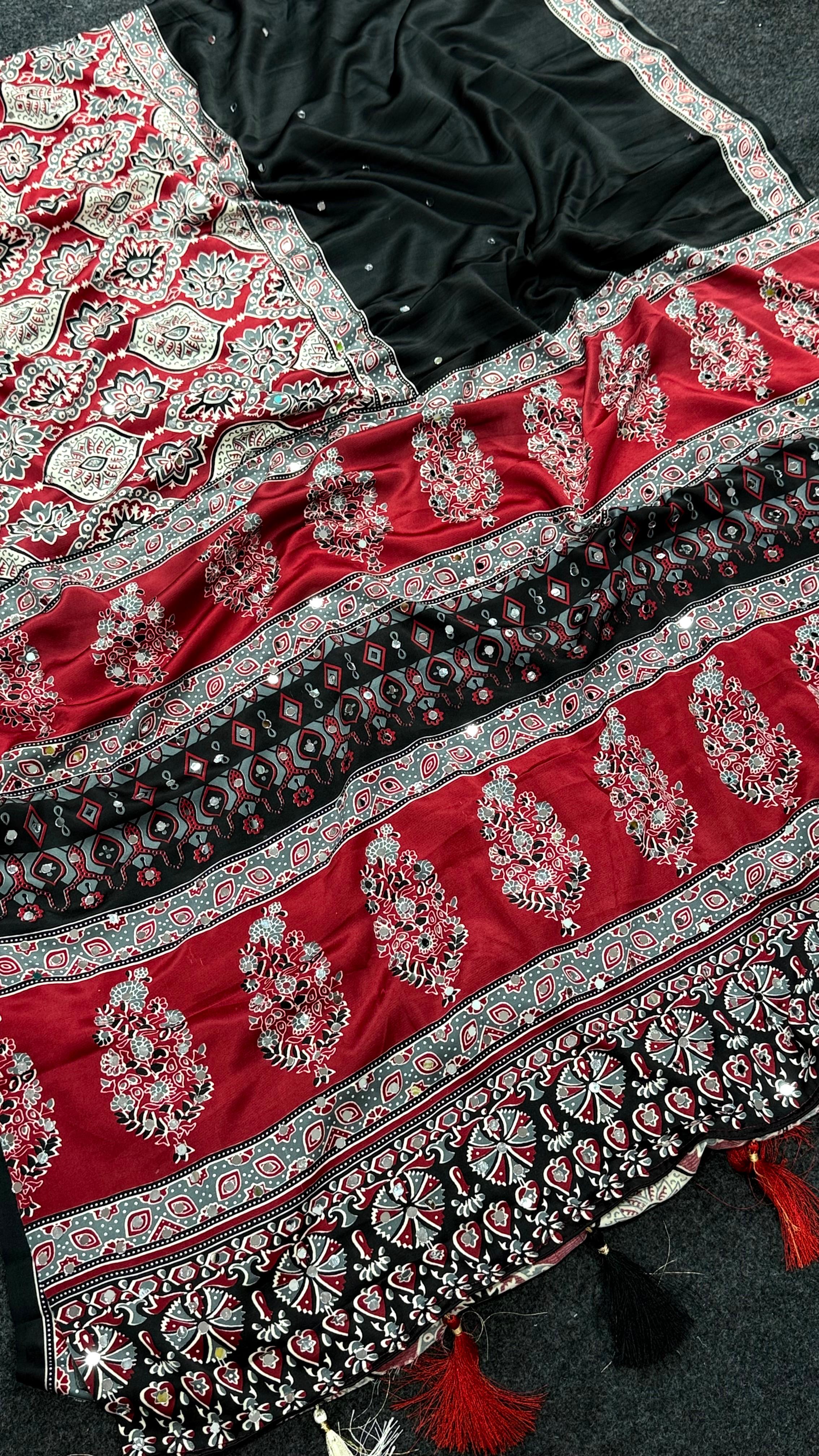 Bottle Green Heavy Gajji Moss Satin Saree all over Ajrakh