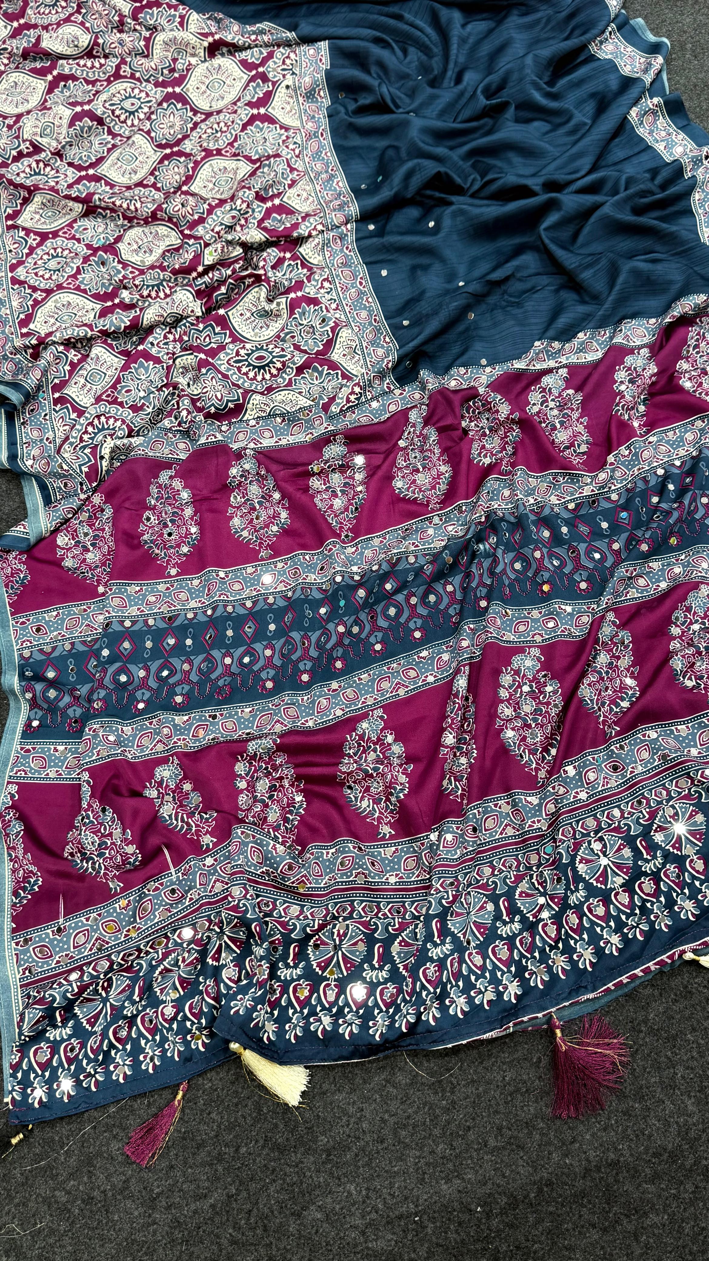 Petrol Blue Heavy Gajji Moss Satin Saree all over Ajrakh