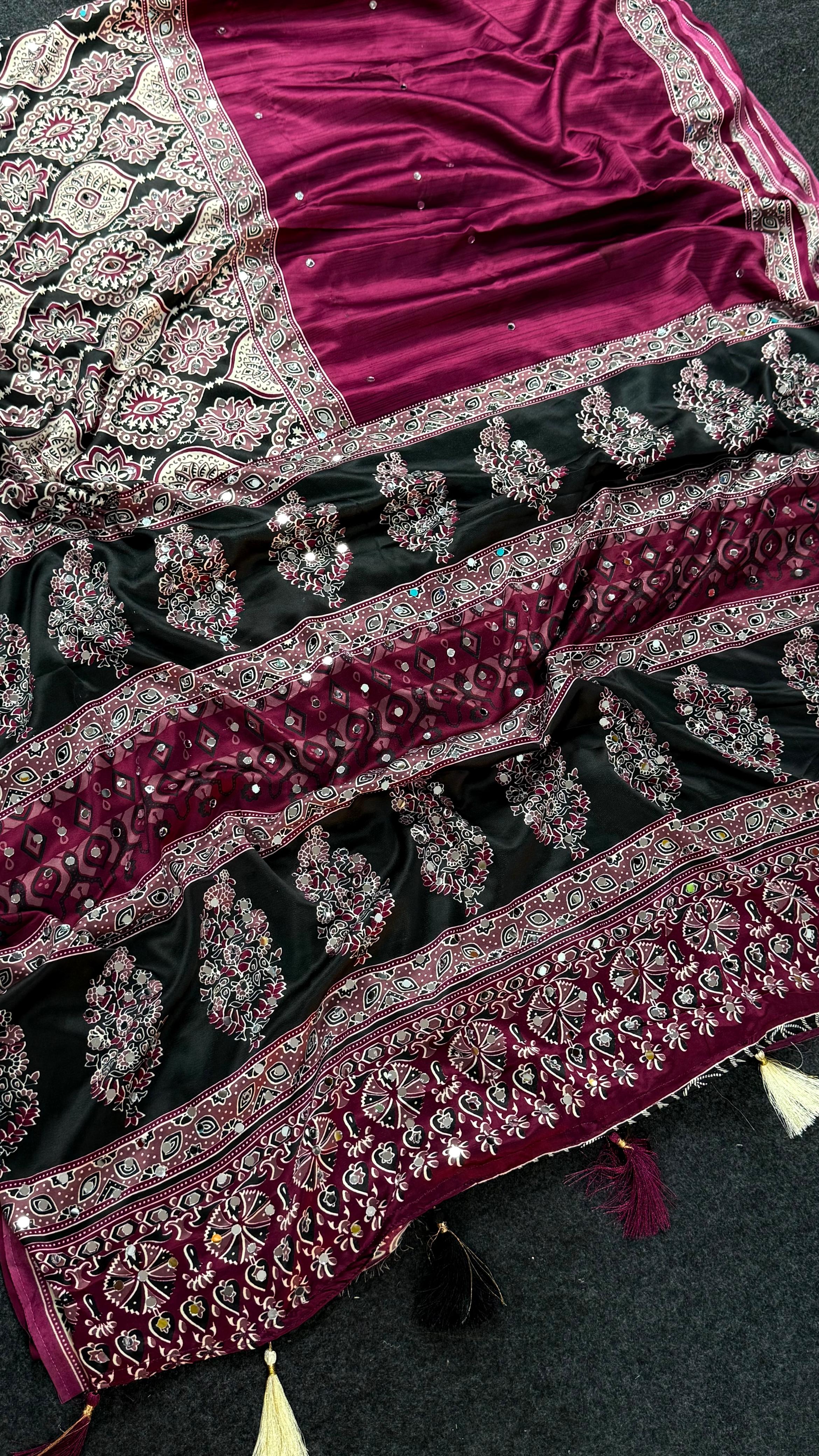 Rani Heavy Gajji Moss Satin Saree all over Ajrakh