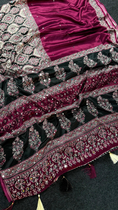 Rani Heavy Gajji Moss Satin Saree all over Ajrakh